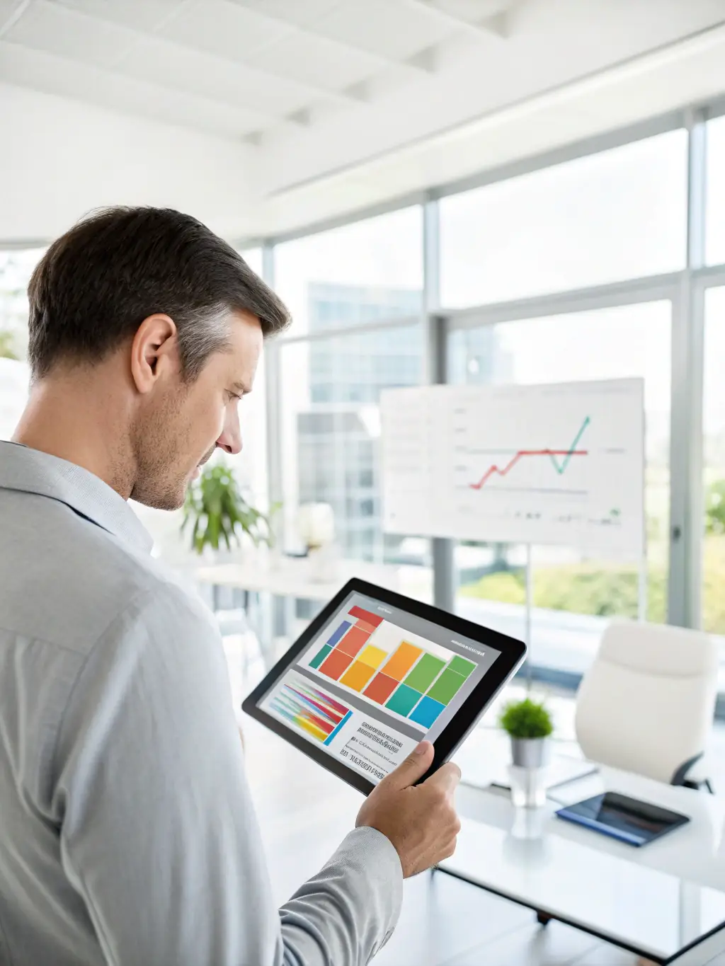 An image of a professional using a tablet to manage and track lead generation campaigns, showcasing Log-in.lol's Lead Generation & Demo Requests service.