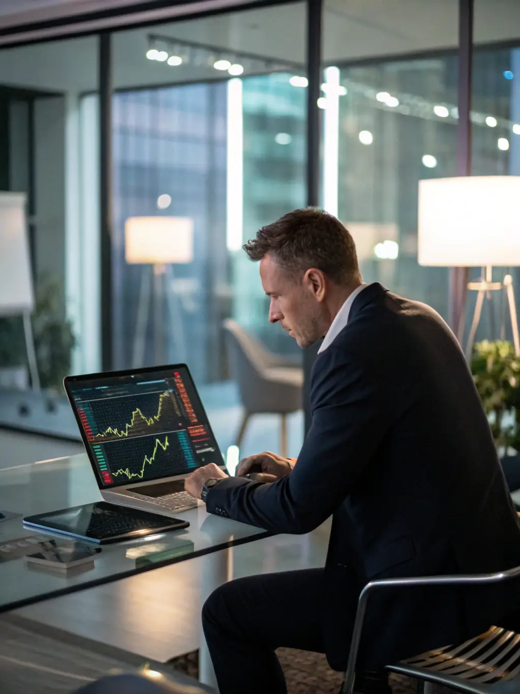 A professional businessman analyzing financial data on a computer screen, showcasing advanced analytics in a corporate setting.