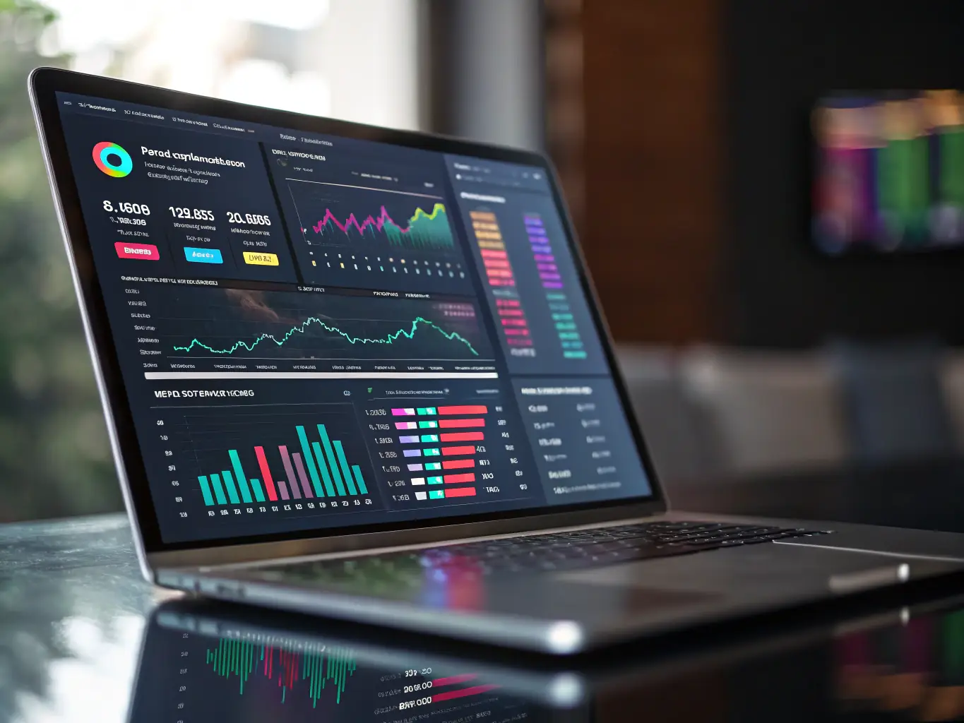 A digital illustration depicting a dashboard interface with various charts, graphs, and financial data points, symbolizing data-driven insights. The color scheme is modern and professional, with a focus on blues and greens.
