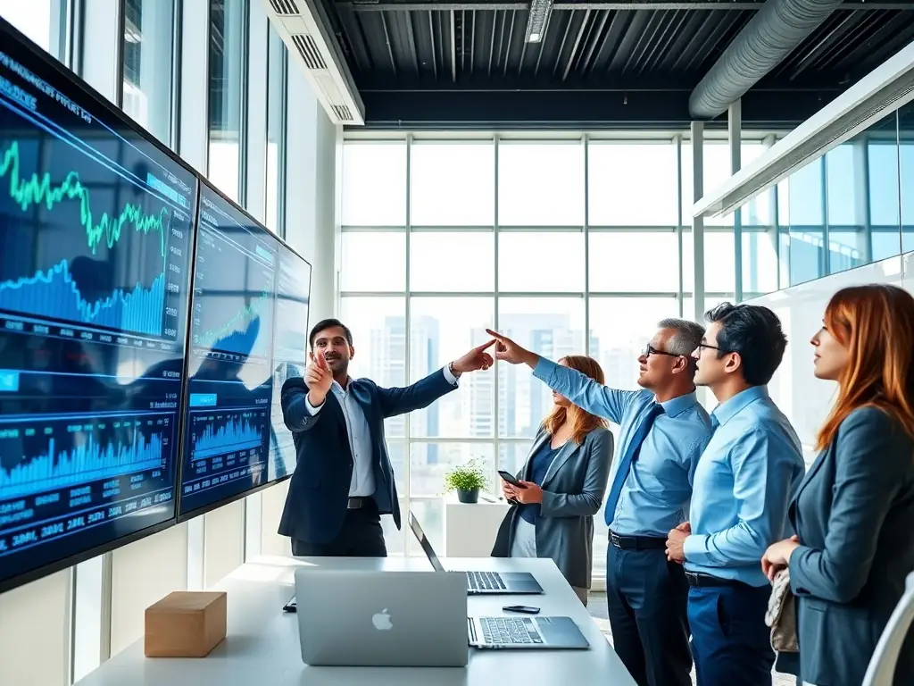 An image showing a team of financial analysts collaborating around a large screen displaying real-time data analytics. The setting is a modern office environment, emphasizing teamwork and expertise.